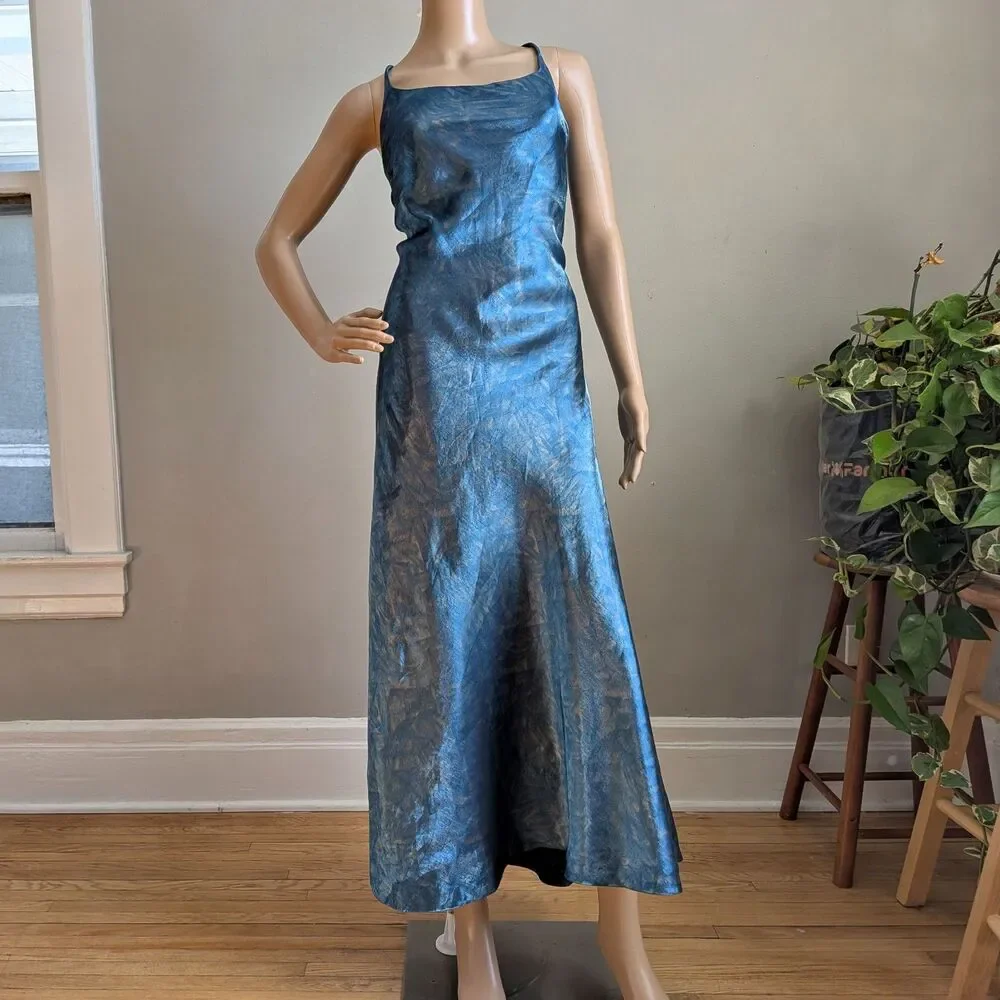 Vintage 90s Rue de la Paix Blue Prom Gown Slip Dress Maxi Strappy Size 9 - Picture 2 of 10